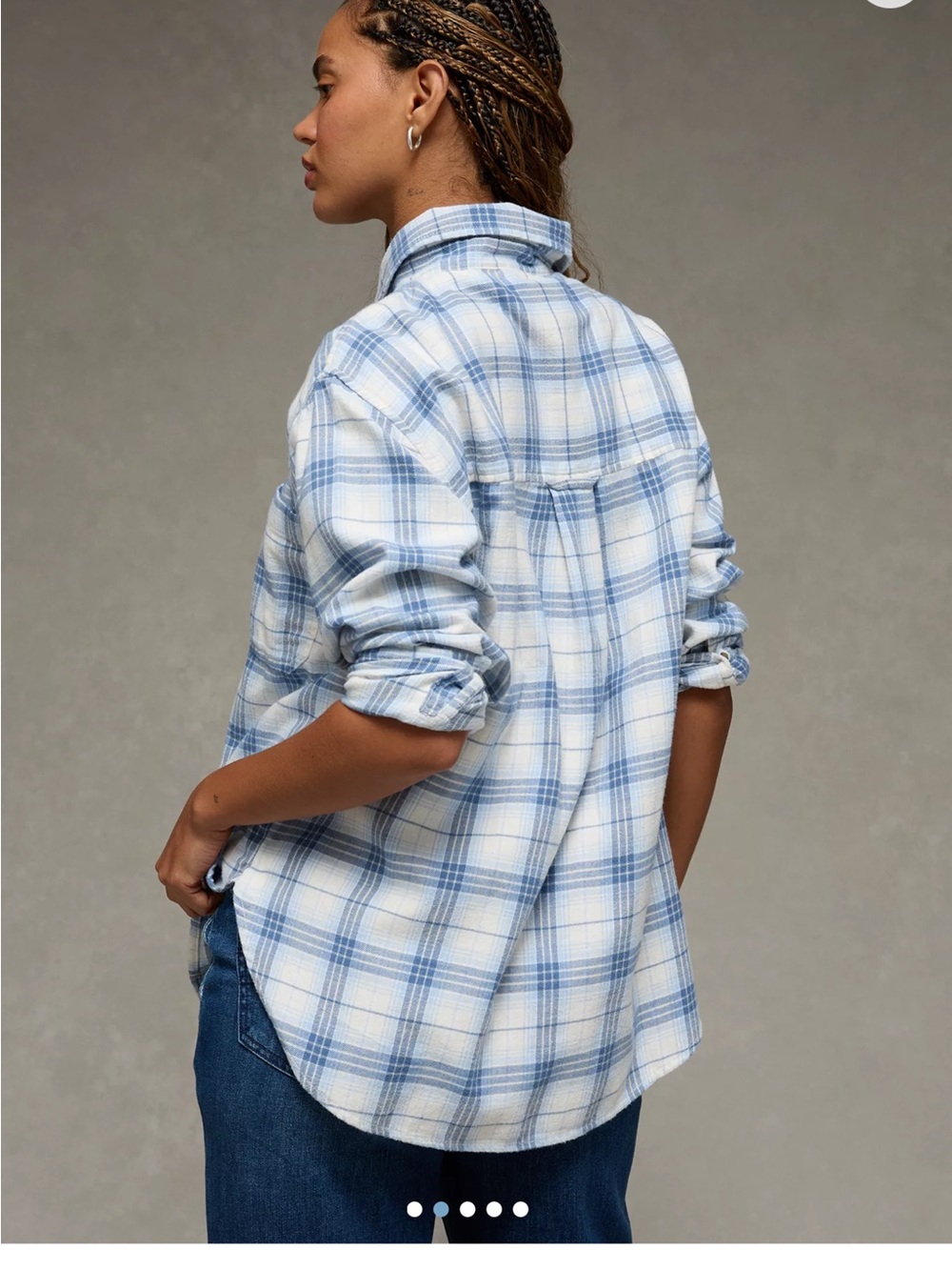 American Eagle Oversized Light Blue and White Plaid Button-Down Shirt. NWT